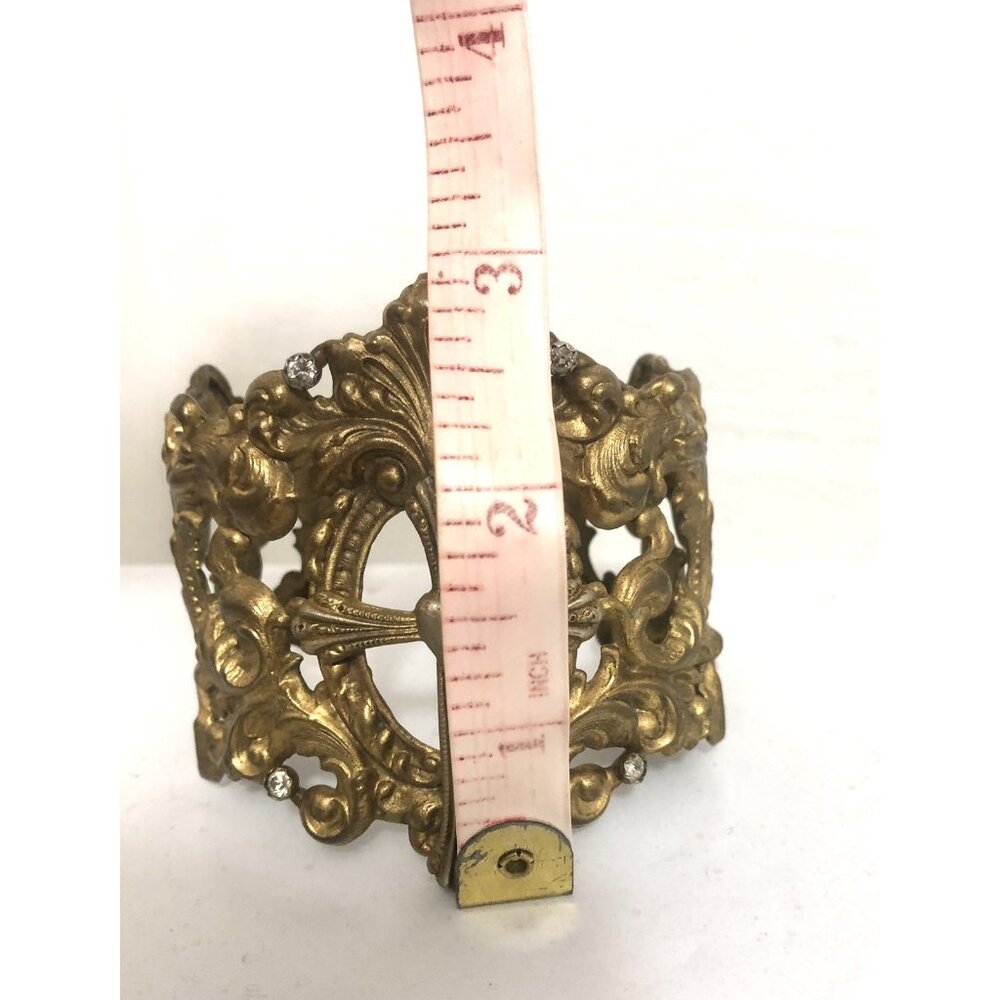 Vintage Wide Cuff Bracelet Virgins Saints & Angels Cross Gold Tone Ornate - Picture 13 of 14